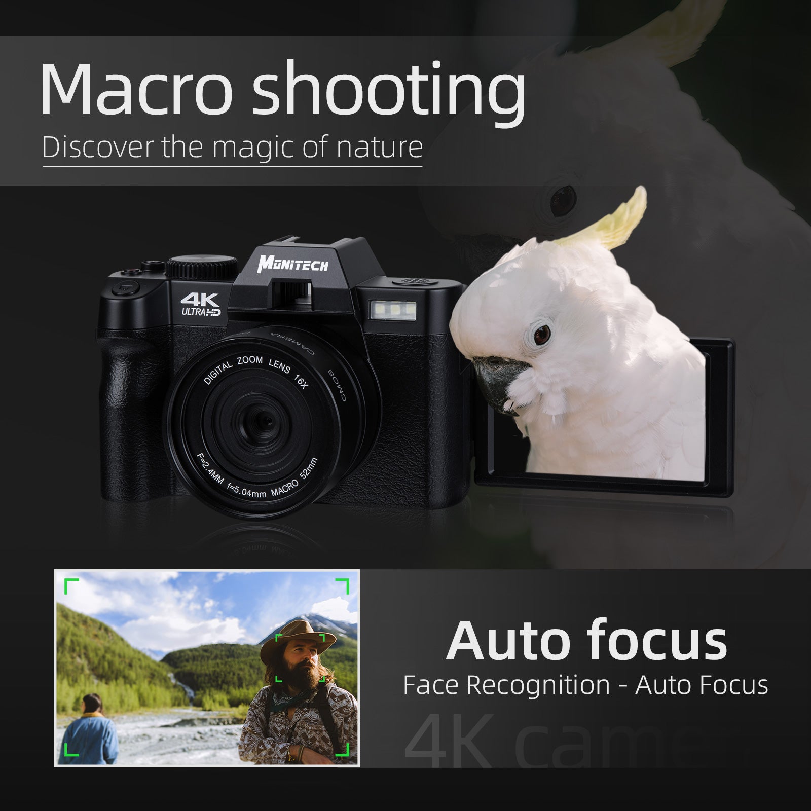 Mo - Cámaras digitales para fotografía y video 4K, cámara de vlogging de 48  MP para  con pantalla abatible de 180°, zoom digital de 16X, flash